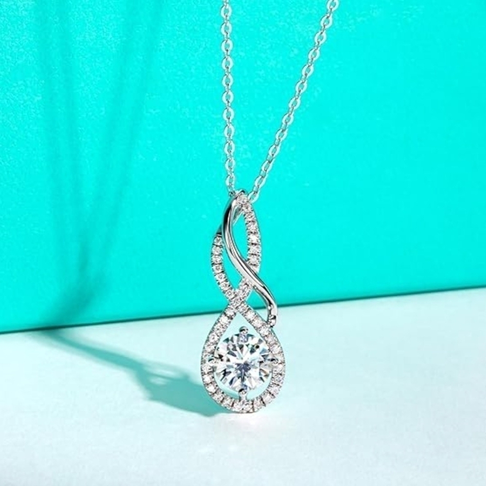 Certified 18k White Gold Infinity Pendant Necklace 2CT Moissanite S925 Statement